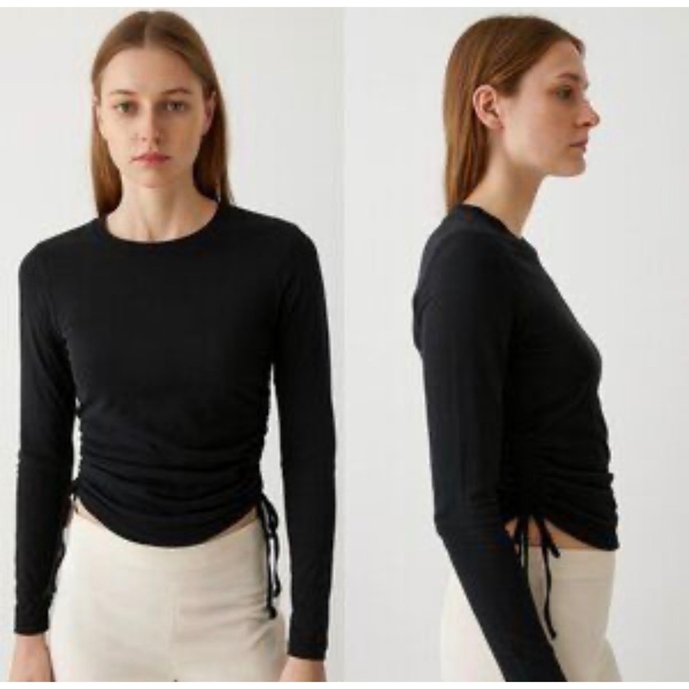 Topshop Black Long Sleeve Ruched Side Drawstring Crew Neck Top US 4-6 Small